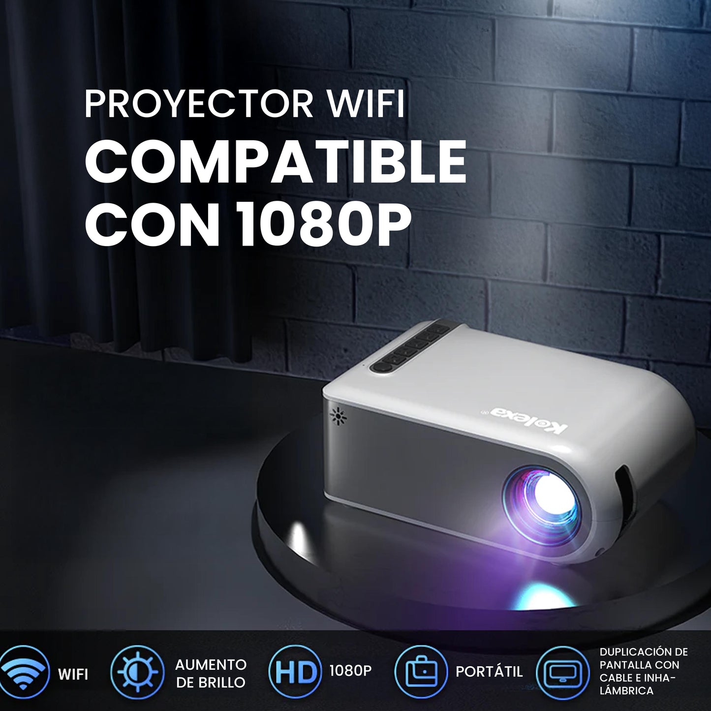 Mini proyector WiFi Kolexa mostrando imagen Full HD 1080p en pared blanca, portátil y compacto para múltiples dispositivos